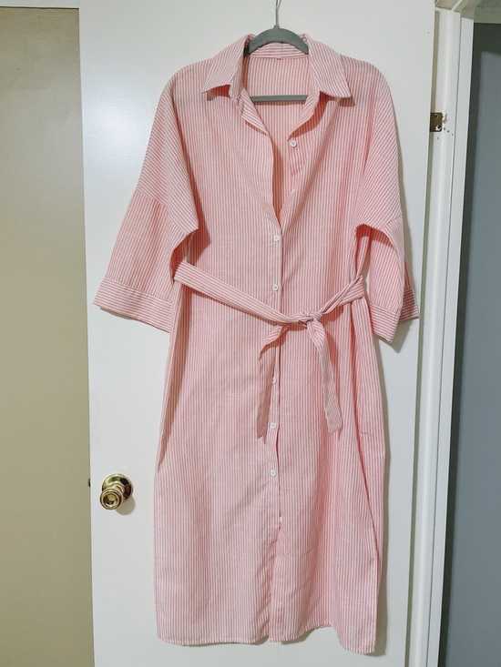 Dresses & Skirts - Cotton Pink & White Striped Midi Dress With Belt Size L